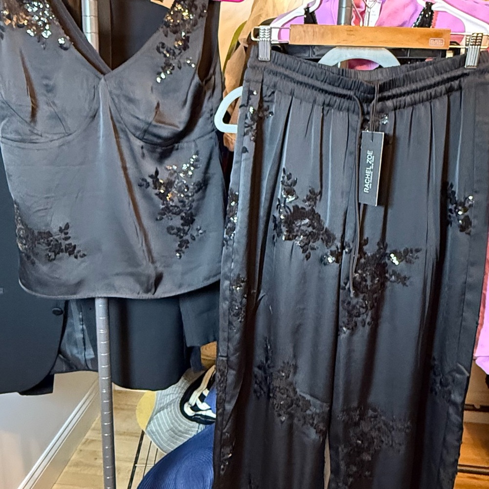 Rachel Zoe Black Floral Embroidered Trousers and Top